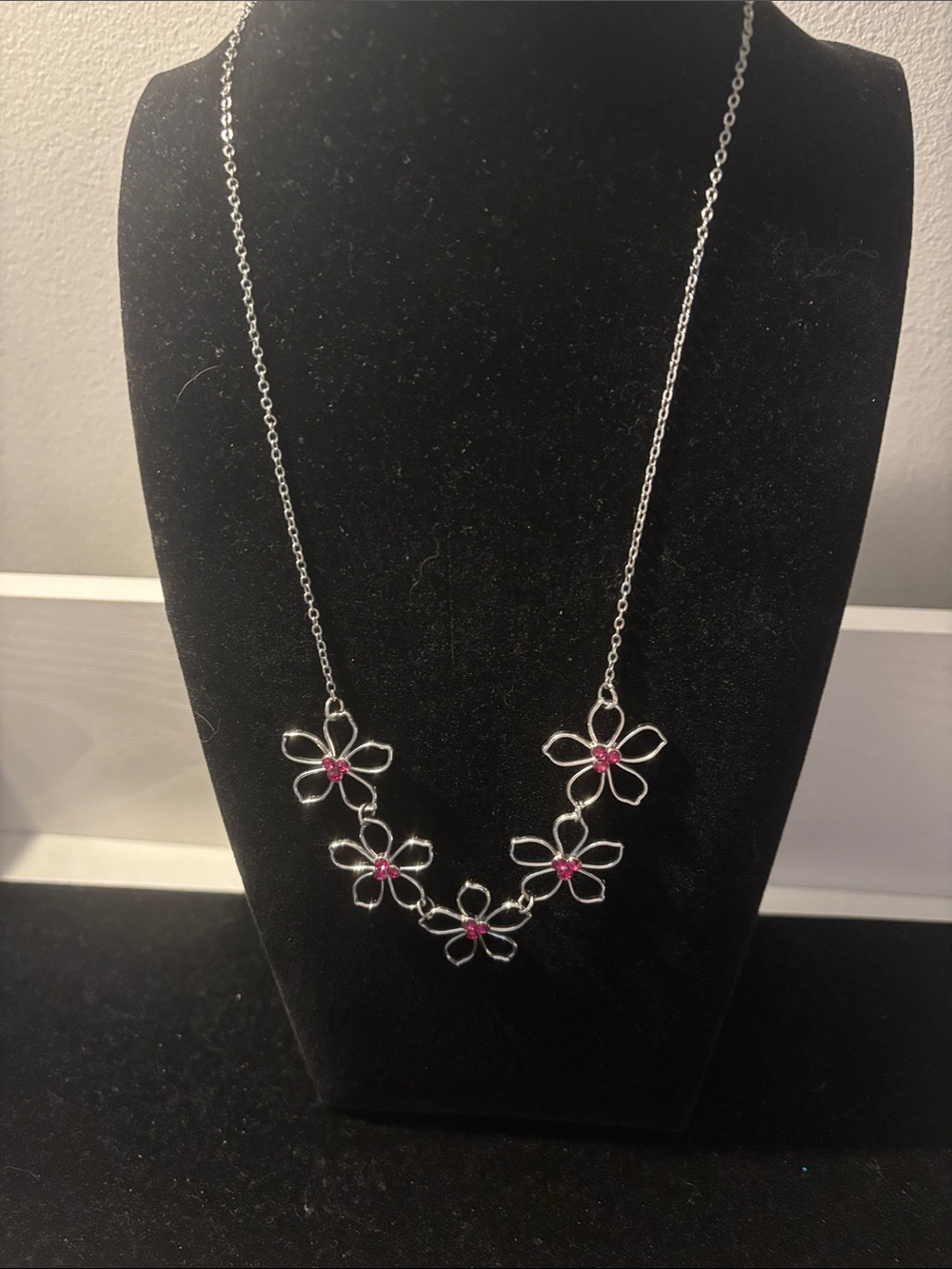 Silver Flower Necklace with Pink Stone Accents